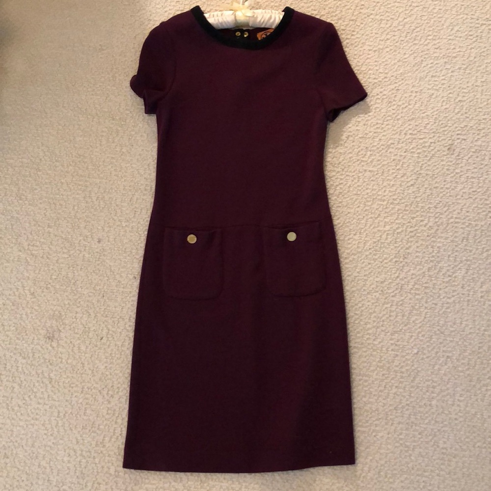 Tory Burch maroon dress with black trim and gold